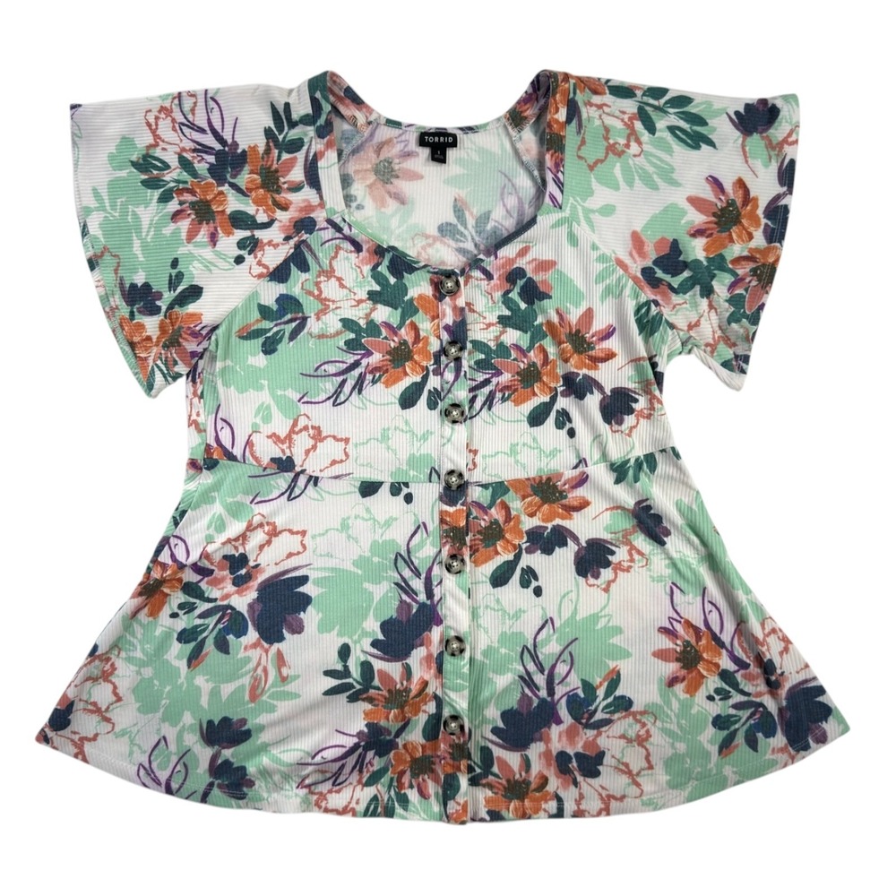 Torrid Floral Peplum Top 1 Mint Green Ribbed Button Front Boho Chic Cottagecore